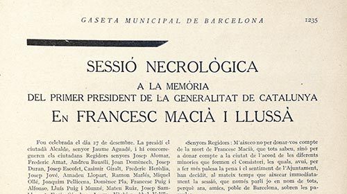 Sessió necrològica publicada al número 49-52 (11-31 de desembre de 1933) de la Gaseta 